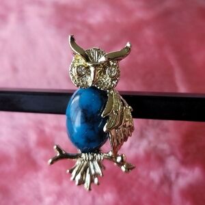 Gerry's Owl Brooch With Blue Faux Turqouise Belly - Vintage, Heavy, Silvertoned